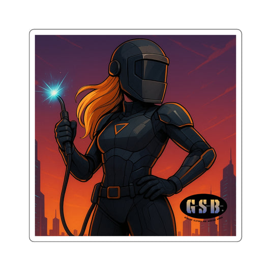 Cyberwelder Hero Square Sticker — Futuristic Female Welder Laptop Decal