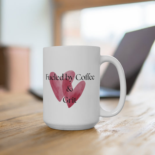 "Fueled by Coffee & Grit" Mug (Pink Heart Design)
